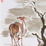 Rehe im Winter Rehe Tuschebild