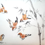 Spatzen Vögel im Bambus sumi-e